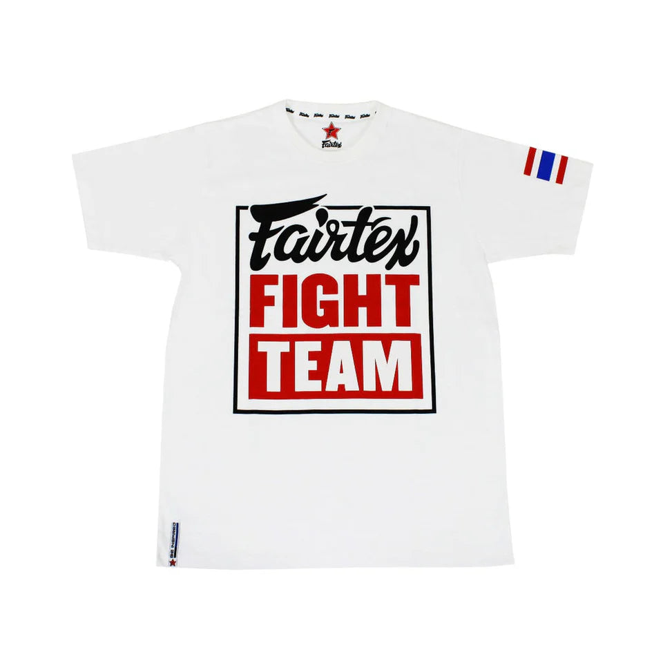White t-shirt with Fairtex Fight Team logo on a white background