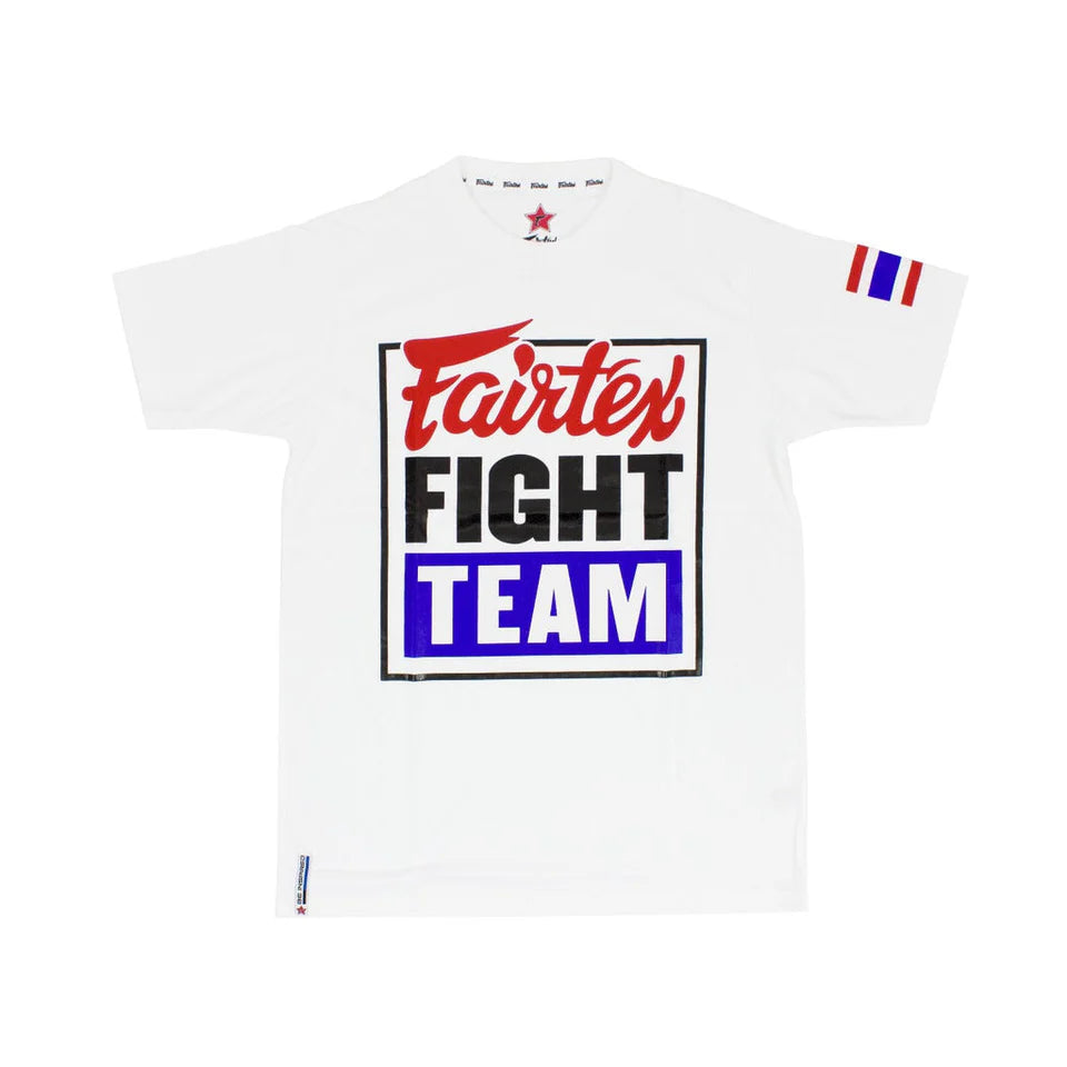 White t-shirt with 'Fairtex Fight Team' logo on a white background