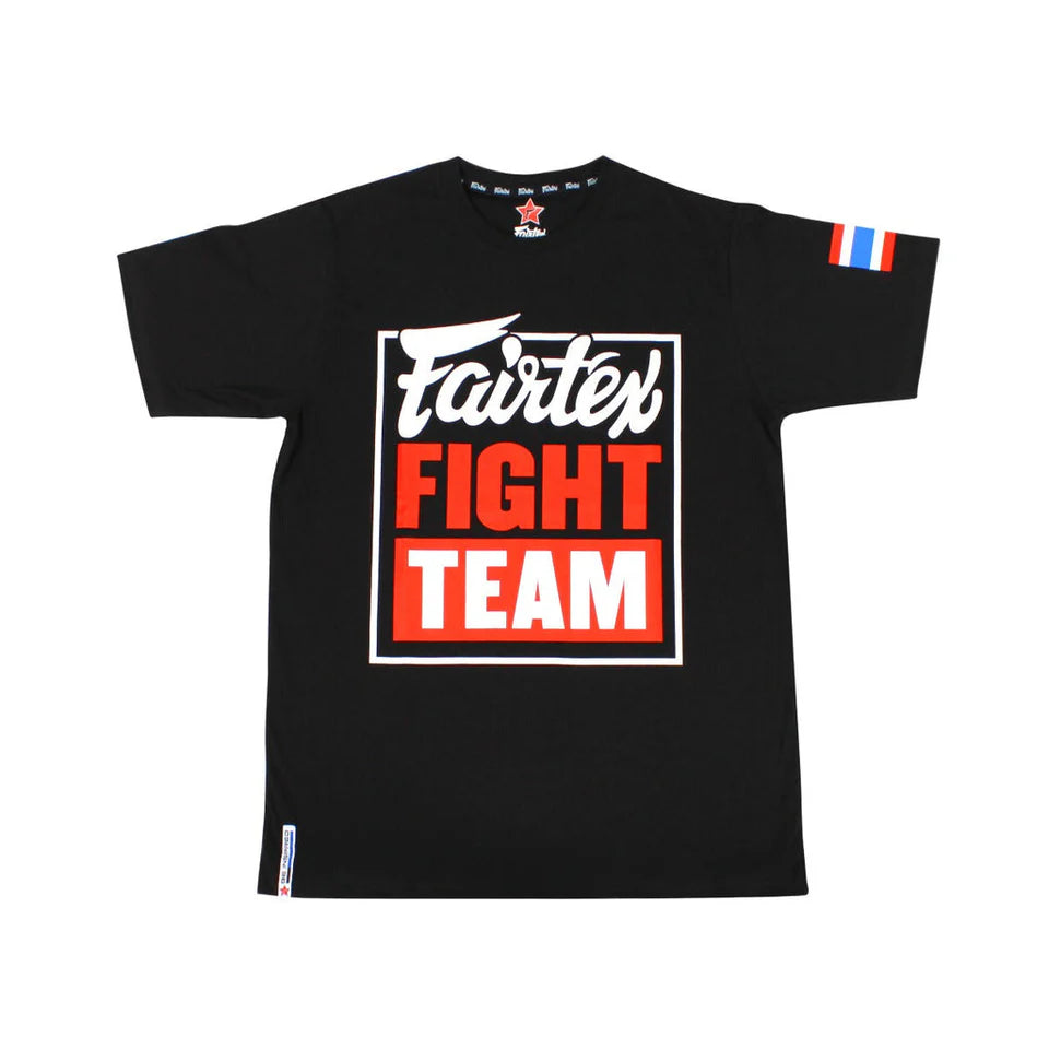 Black t-shirt with 'Fairtex Fight Team' logo on a white background