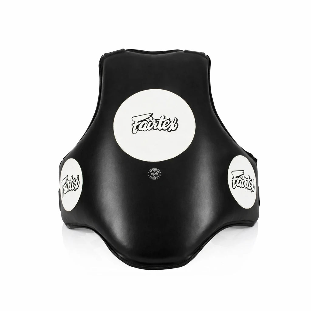 Black body protector with 'Fairtex' branding on a white background