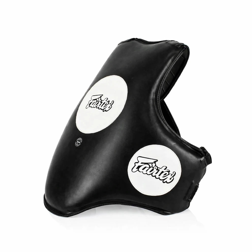 Black body protector with 'Fairtex' branding on a white background