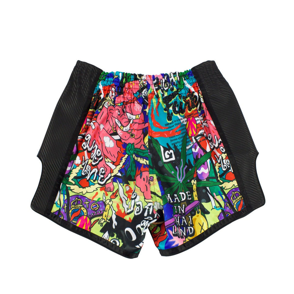 Colorful graphic Muay Thai shorts with black waistband on a white background