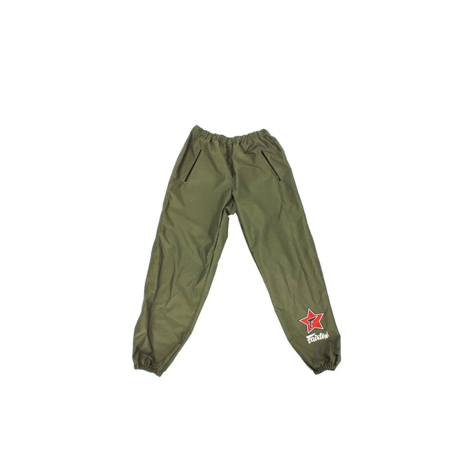 Green sauna suit pants with a red star logo on a white background