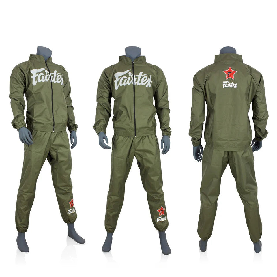 Green sauna suit with 'Fairtex' branding on a white background