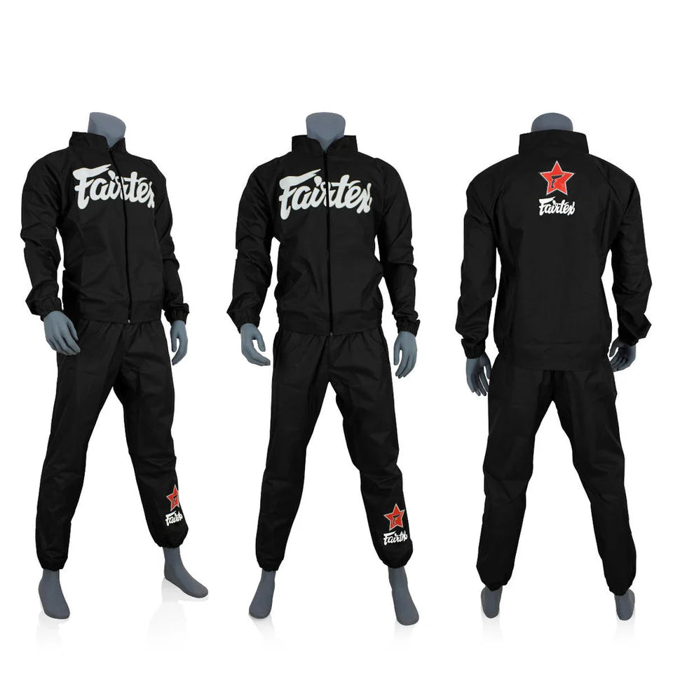 Black sauna suit with 'Fairtex' branding on a white background