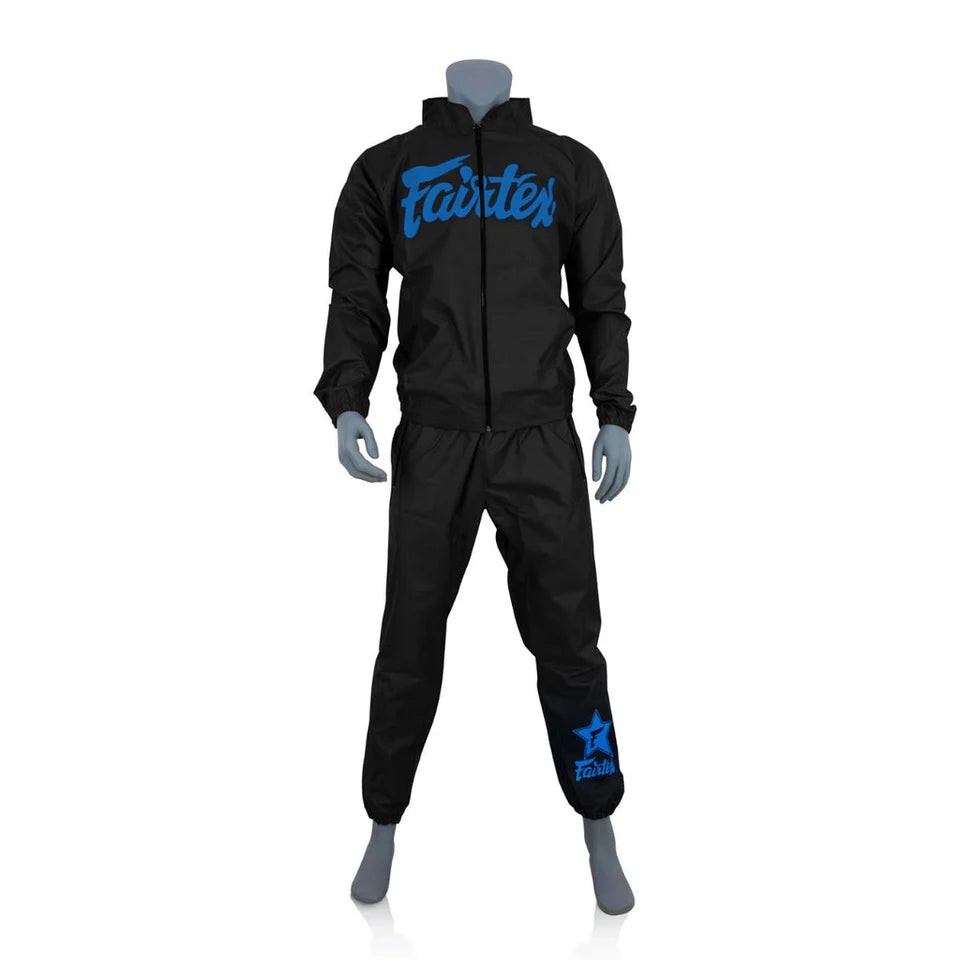 Black sweatsuit with blue Fairtex branding on a mannequin against a white background