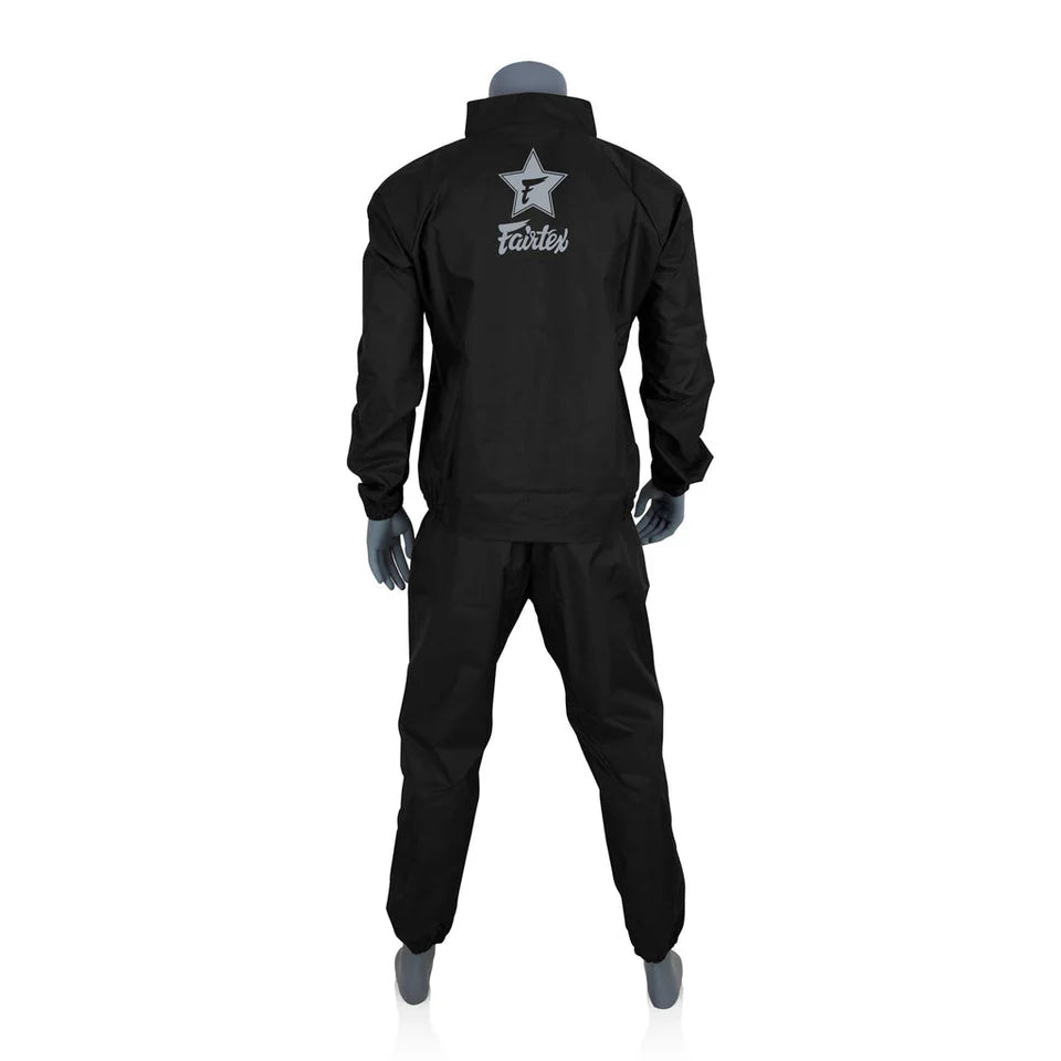 Black sweatsuit with a logo on the back against a white background