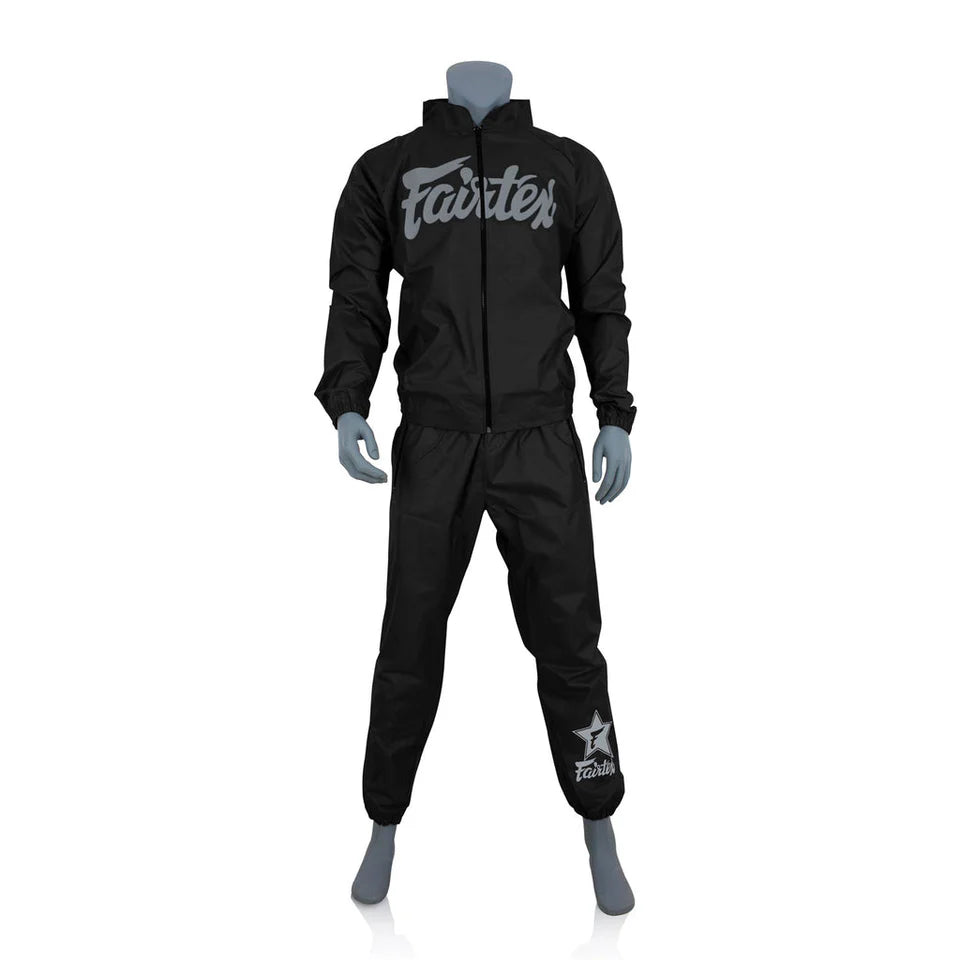 Black sweatsuit with 'Fairstar' branding on a white background
