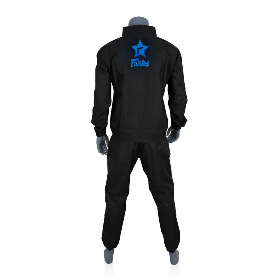 Black sweat suit with blue logo on the back against a white background