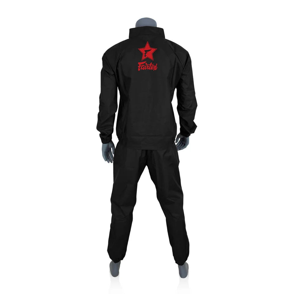 Black sweatsuit with red logo on a white background