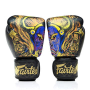 Pair of boxing gloves with colourful design and 'Fairtex' branding on a white background