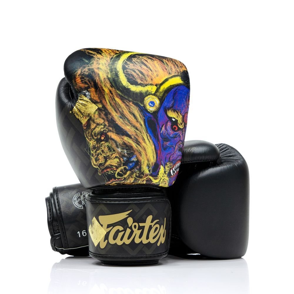 Pair of boxing gloves with a colorful design and 'Fairtex' branding on a white background