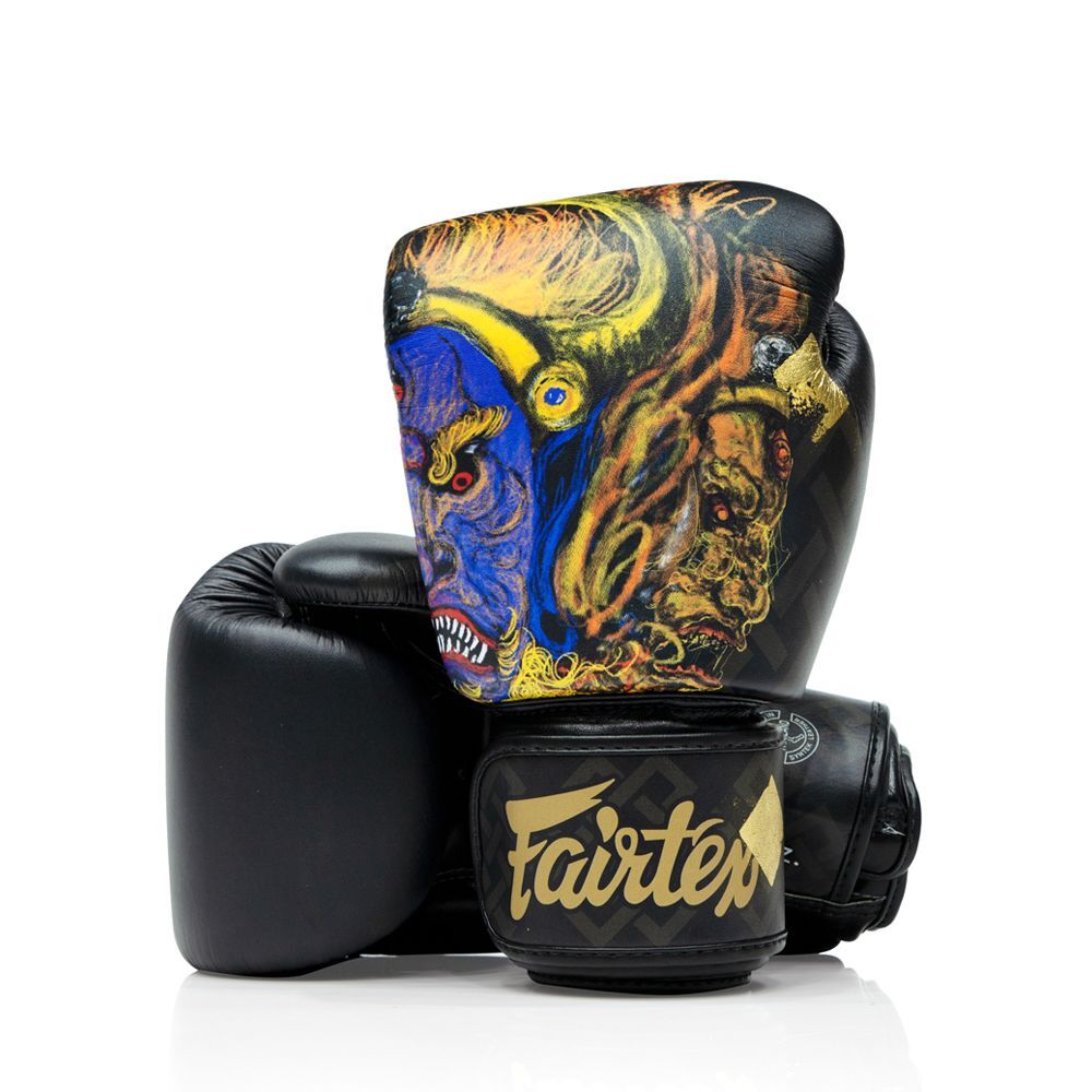 Black boxing gloves with colorful design and 'Fairtex' branding on a white background