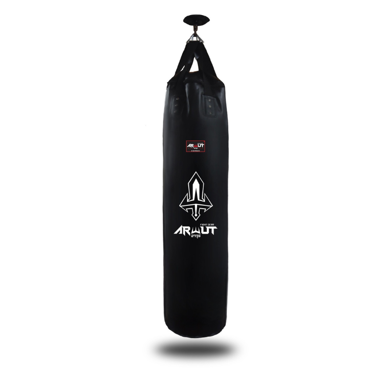 Black punching bag with visible branding on a white background