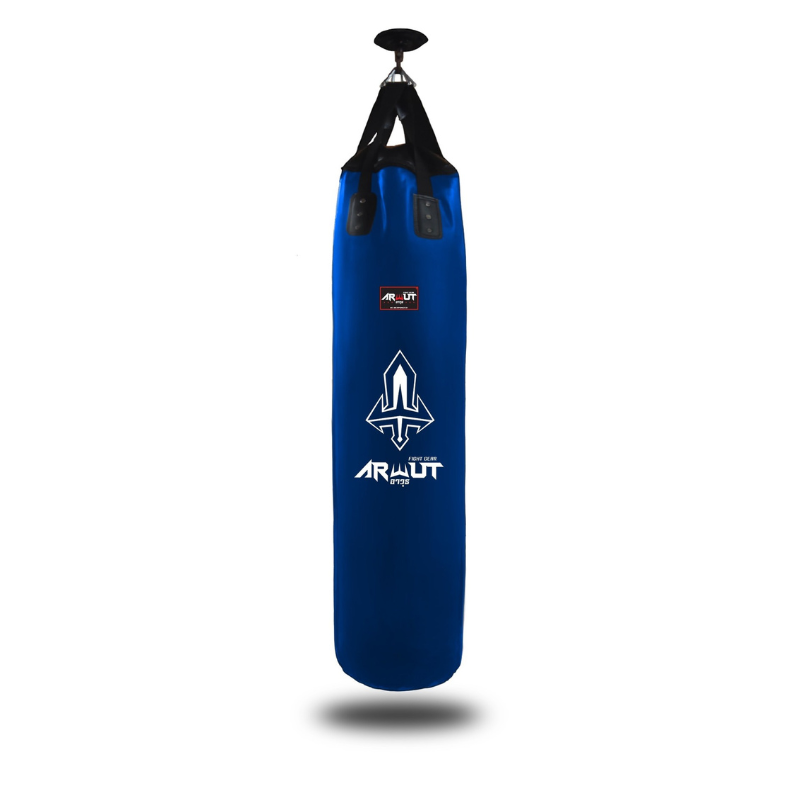 Blue punching bag with a brand logo on a white background