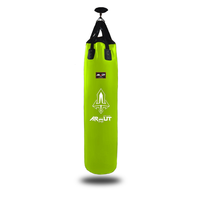 Green punching bag with a brand logo on a white background