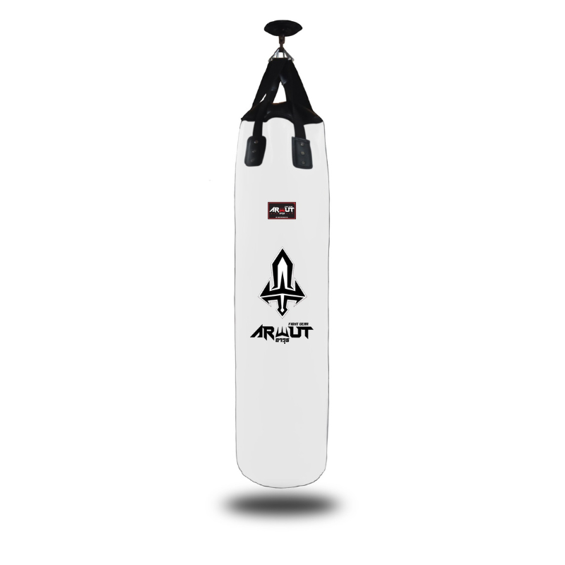White punching bag with black accents and visible branding on a white background