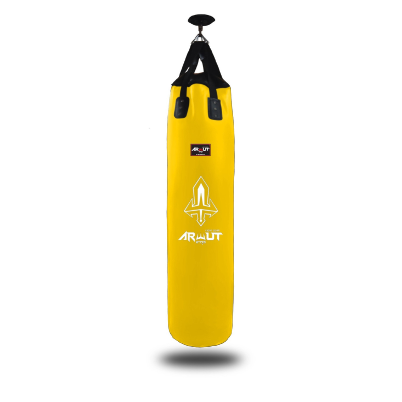 Yellow punching bag with a brand logo on a white background