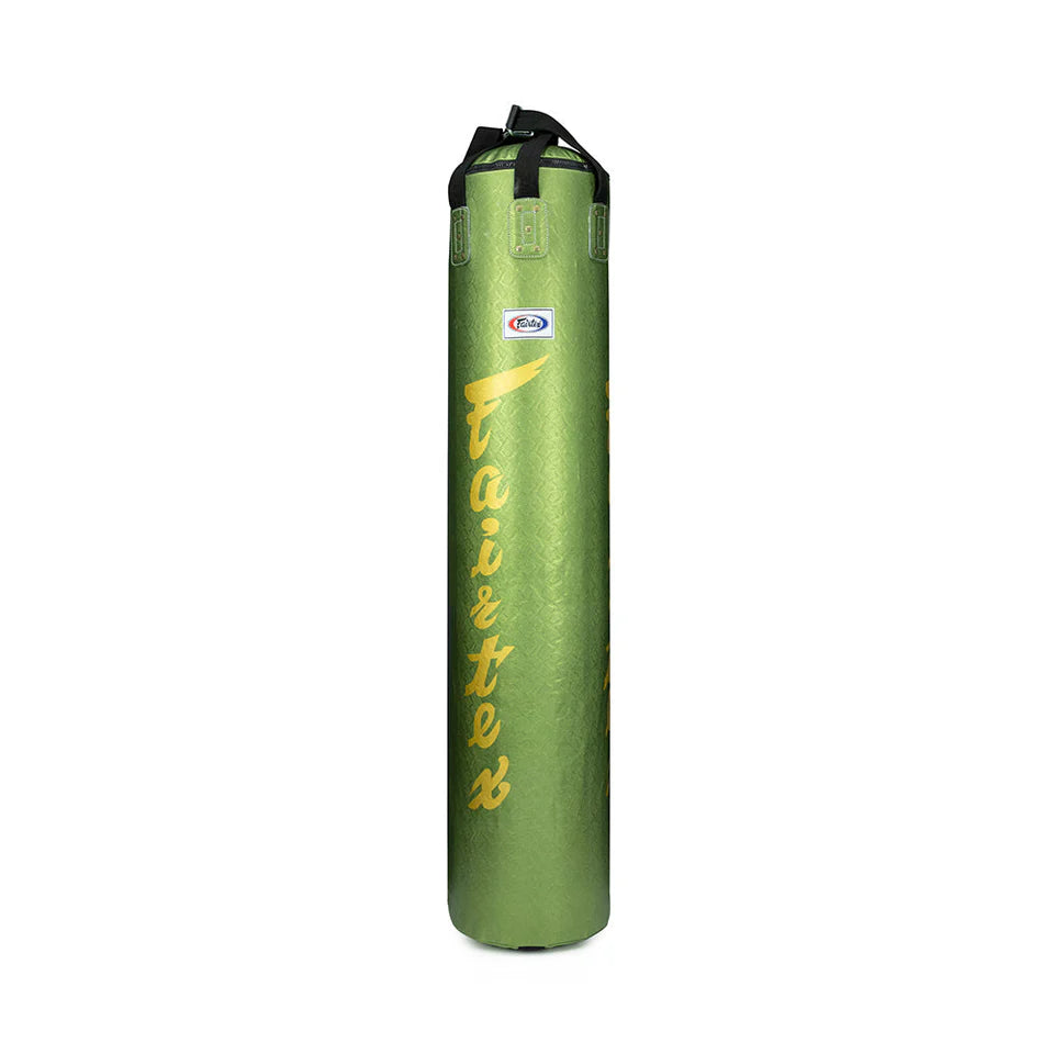 Green Fairtex punching bag with brand logo on a white background