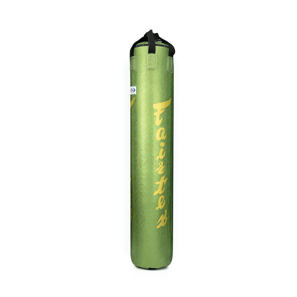 Green Fairtex punching bag with yellow text on a white background