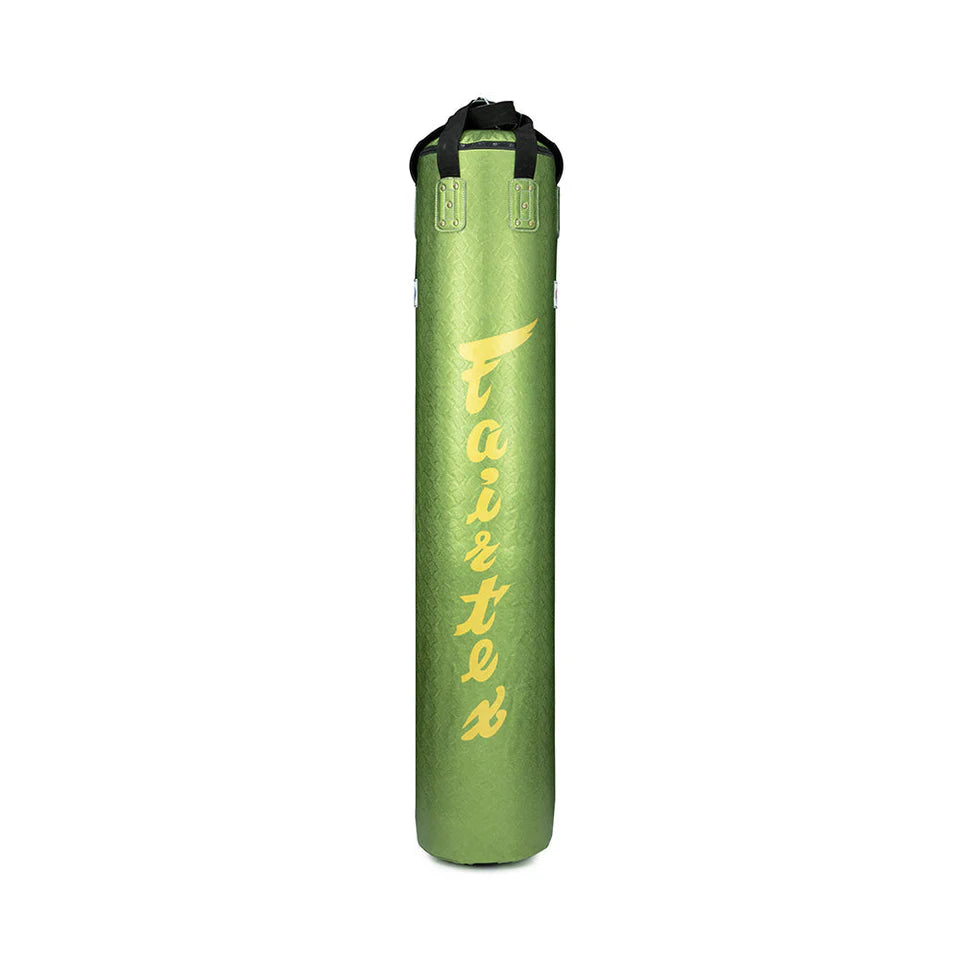 Green snake skin textured punching bag with 'Fairtex' branding on a white background