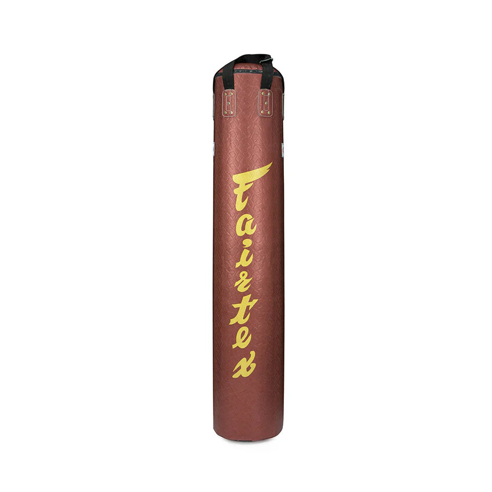 Brown punching bag with 'Fairtex' branding on a white background