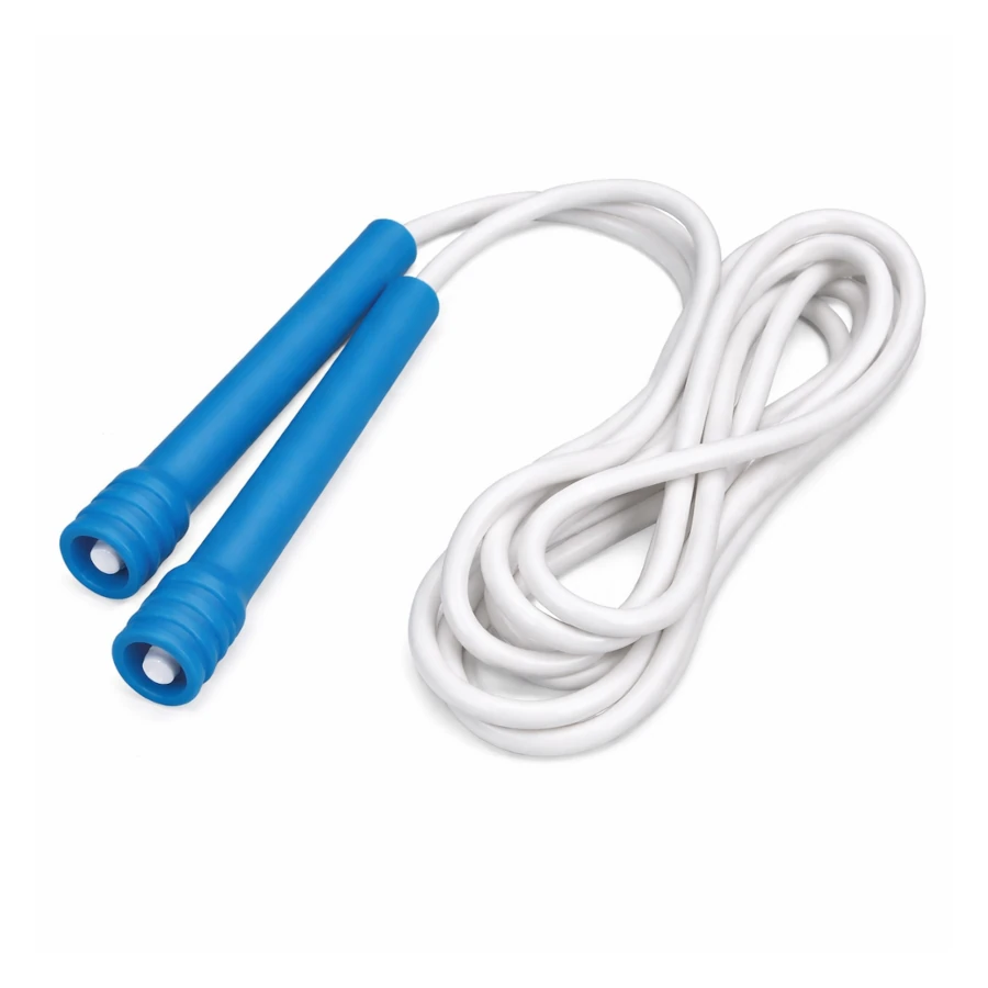 White jump rope with blue handles on a white background