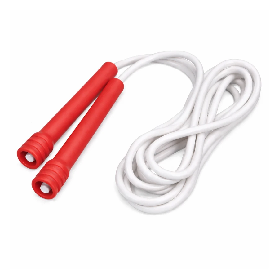 White jump rope with red handles on a white background
