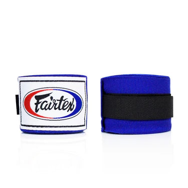 Pair of blue boxing hand wraps with Fairtex logo on a white background