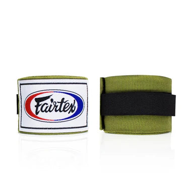 Green Fairtex boxing hand wraps on a white background