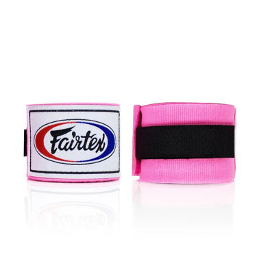 Pink boxing hand wraps with Fairtex logo on a white background