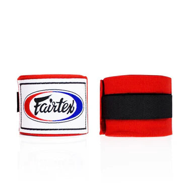 Red, black, and white boxing hand wraps with Fairtex logo on a white background