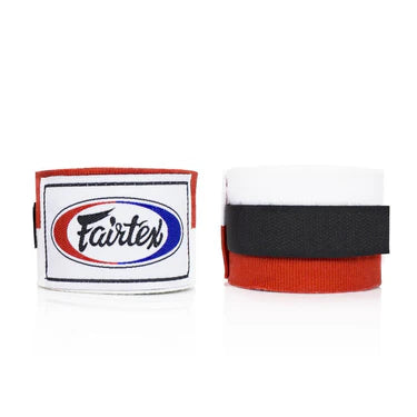Fairtex boxing hand wraps with red and black design on a white background