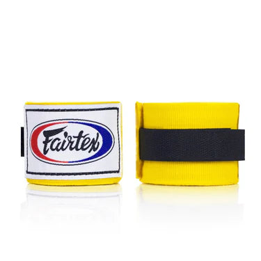 Yellow boxing hand wraps with Fairtex logo on a white background