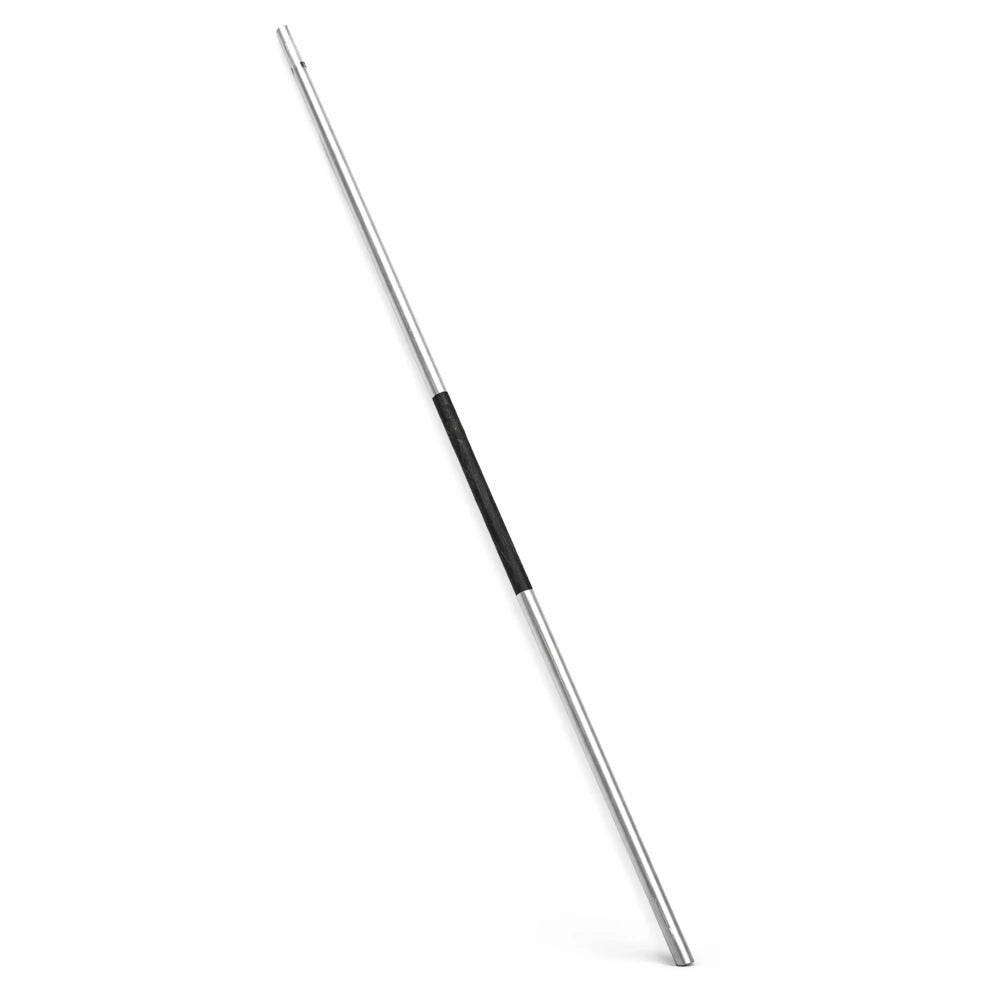 Silver bo staff with a black grip on a white background