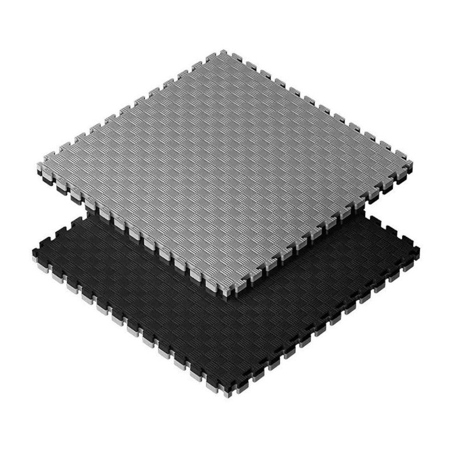 Gray and black interlocking foam mats on a white background