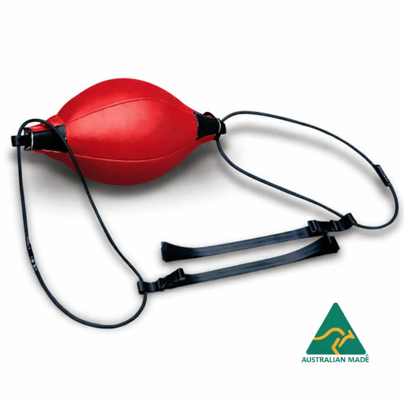 Red floor to ceiling bag with black straps on a white background, Australian Made logo visible