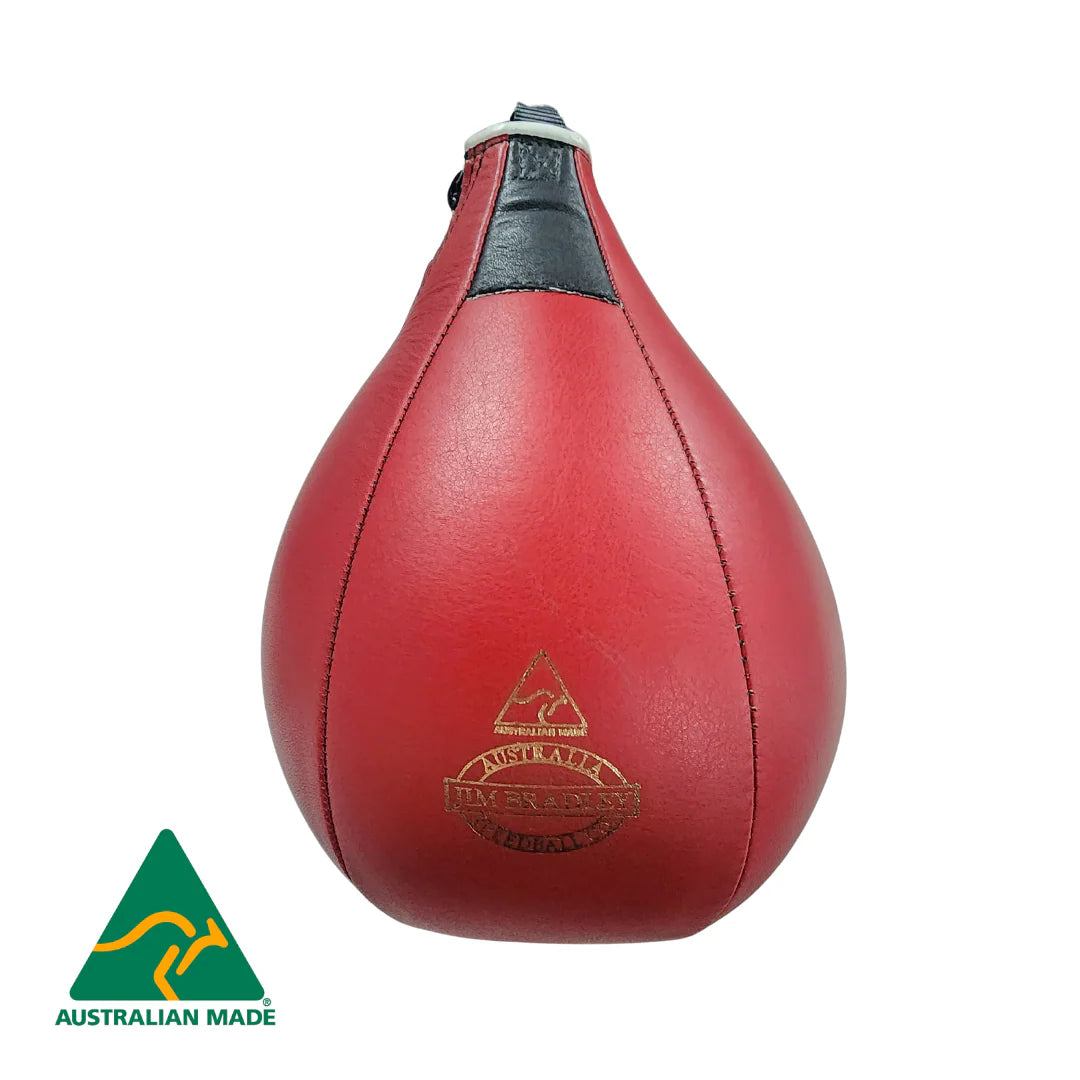 Red leather speed bag with a brand logo on a white background