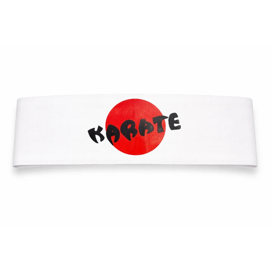 White headband with red circle and 'KARATE' text on a white background