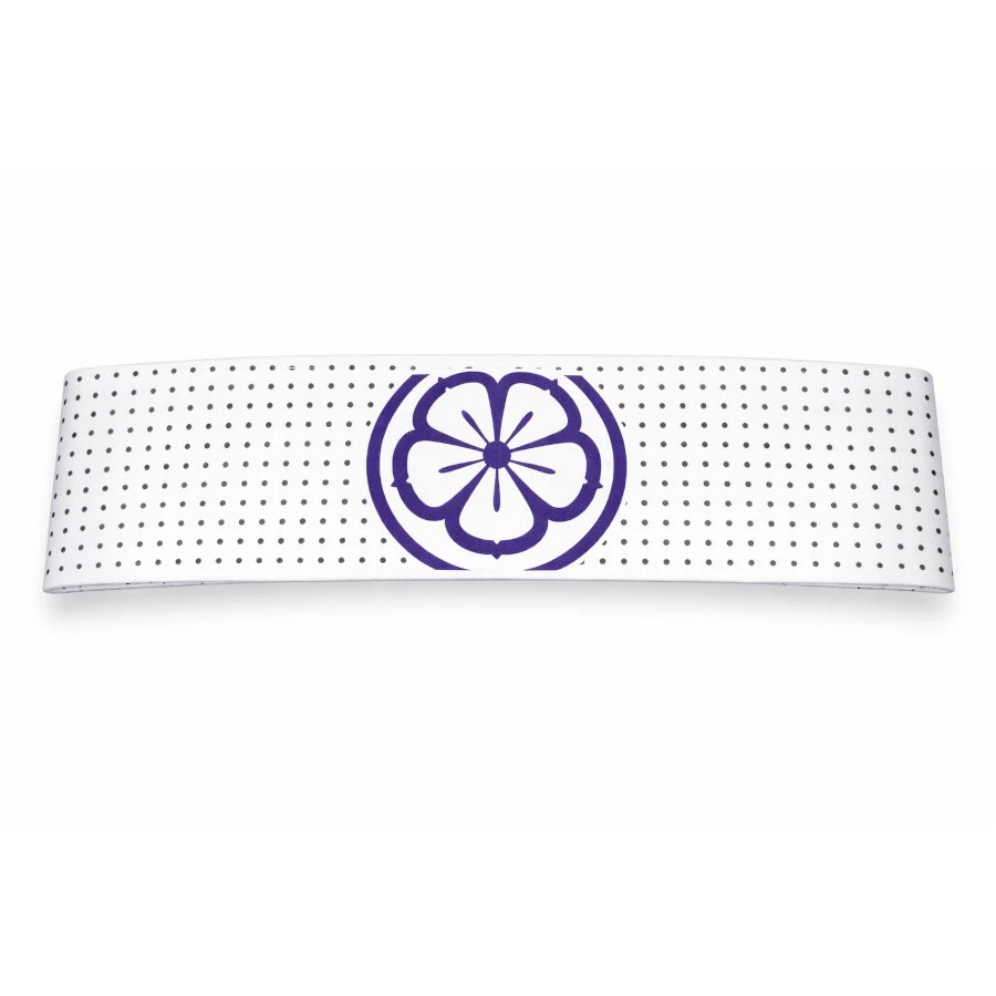 White headband with a purple floral design on a white background
