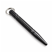 Black Kubotan with a keychain on a white background