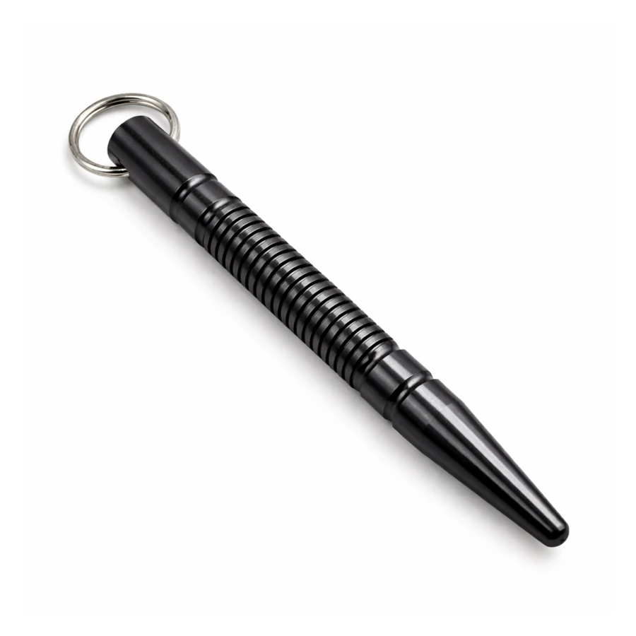 Black Kubotan with a keychain on a white background