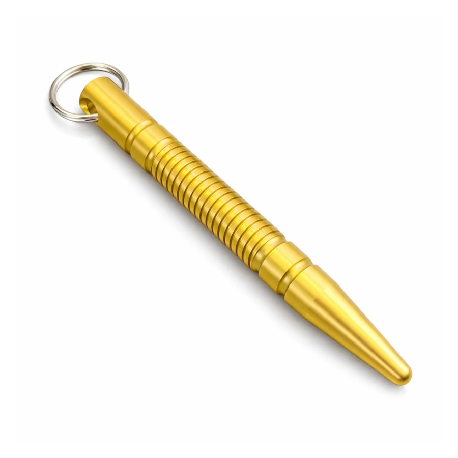 Gold Kubotan with a keychain on a white background