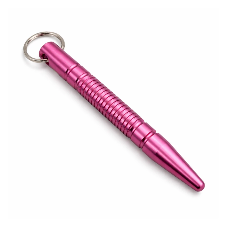 Pink Kubotan with a keychain on a white background