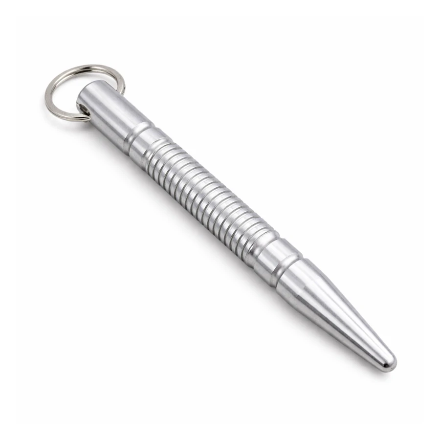 Silver Kubotan with a keychain on a white background