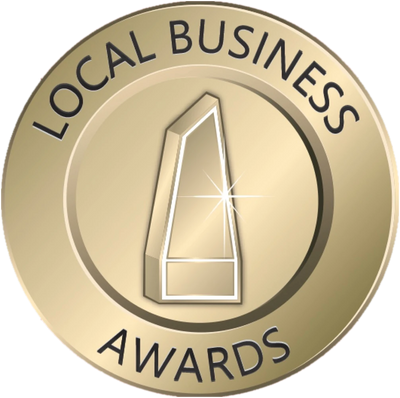 Gold badge with 'Local Business Awards' text and a trophy icon on a white background