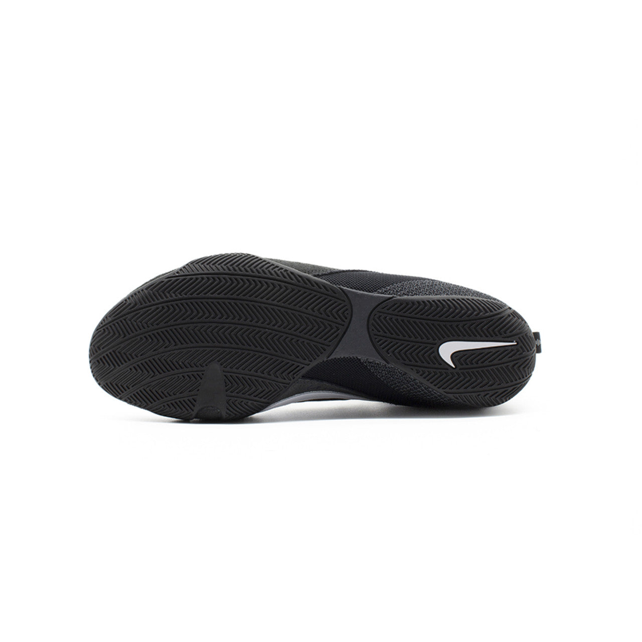 Bottom of black Nike boxing shoe with a white logo on a white background
