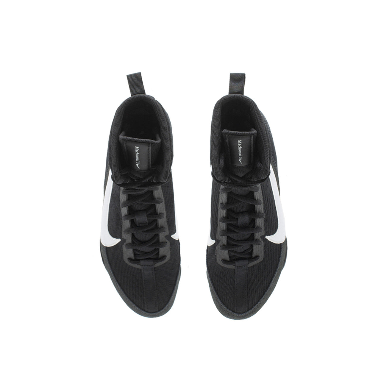 A pair of black high-top Nike boxing shoes shown from a top-down view on a solid white background.