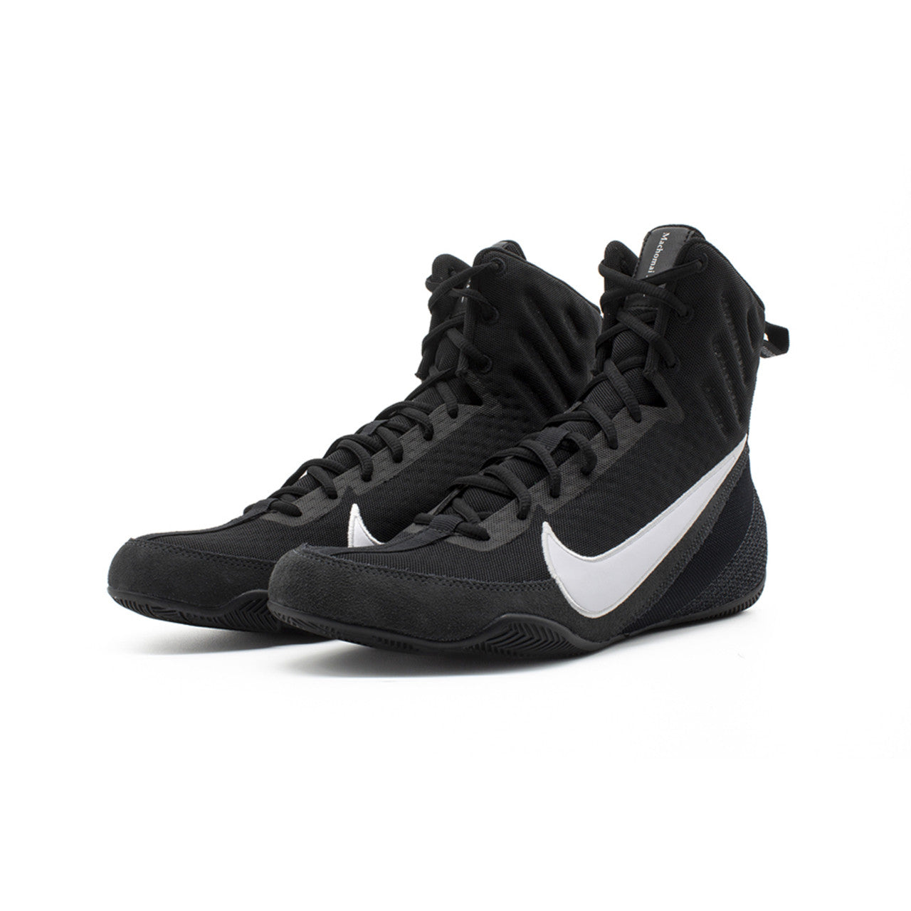 Black high-top Nike boxing shoes with a white logo on a white background