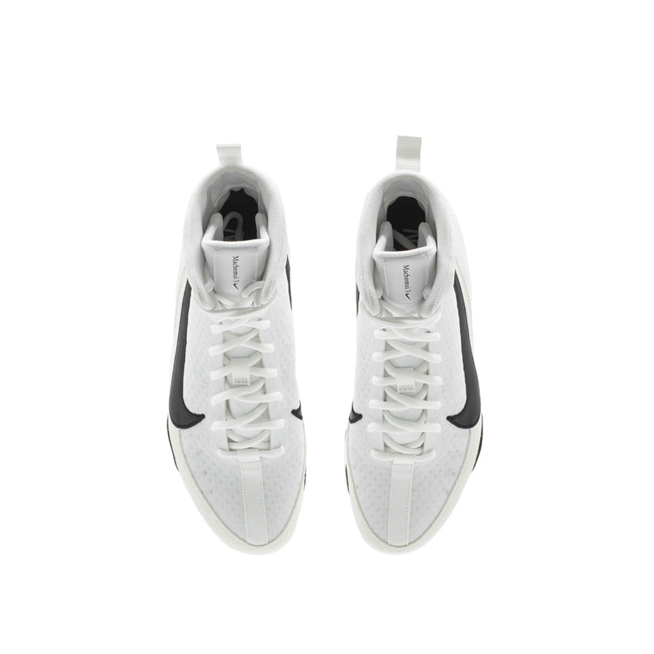 Top view of white Nike boxing sneakers with black accents on a white background